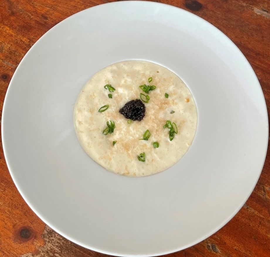 Recette œuf poché crème de christophine, marlin fumé caviar